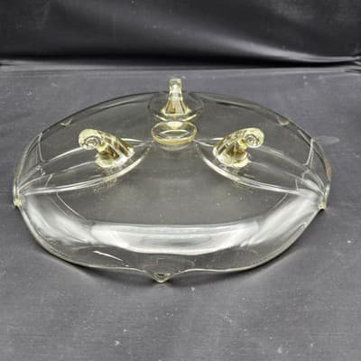 Vintage Lancaster Elegant Glass Three Footed Cake Serving Plate Yellow Scalloped - Thumbnail 3