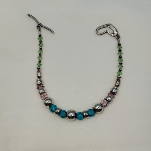 925 Silver Bracelet Glass Beads Green Blue Pink Toggle Heart Clasp Marked - Thumbnail 5