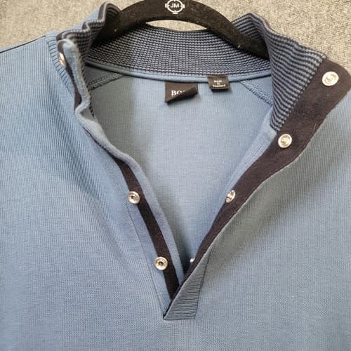 Hugo Boss Mens Sweater L Blue Cotton Hidden Snap Henley Pullover Mock Turtleneck - Thumbnail 8