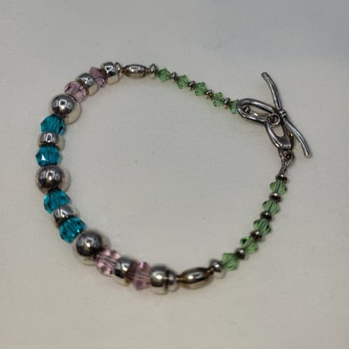 925 Silver Bracelet Glass Beads Green Blue Pink Toggle Heart Clasp Marked - Thumbnail 6