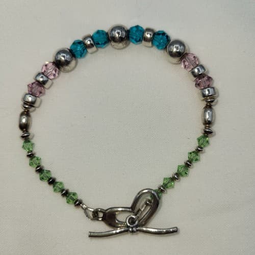 925 Silver Bracelet Glass Beads Green Blue Pink Toggle Heart Clasp Marked - Thumbnail 4