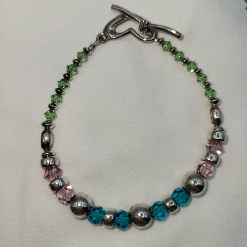 925 Silver Bracelet Glass Beads Green Blue Pink Toggle Heart Clasp Marked - Thumbnail 2