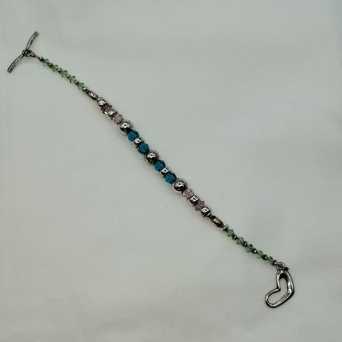 925 Silver Bracelet Glass Beads Green Blue Pink Toggle Heart Clasp Marked - Thumbnail 7