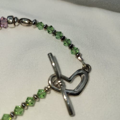 925 Silver Bracelet Glass Beads Green Blue Pink Toggle Heart Clasp Marked - Thumbnail 3