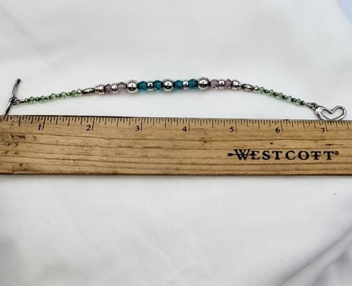 925 Silver Bracelet Glass Beads Green Blue Pink Toggle Heart Clasp Marked - Thumbnail 11