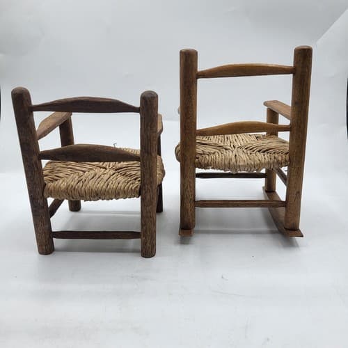Handmade Wooden Rattan Rocking & Chair Brown Dollhouse Furniture Cottagecore - Thumbnail 4