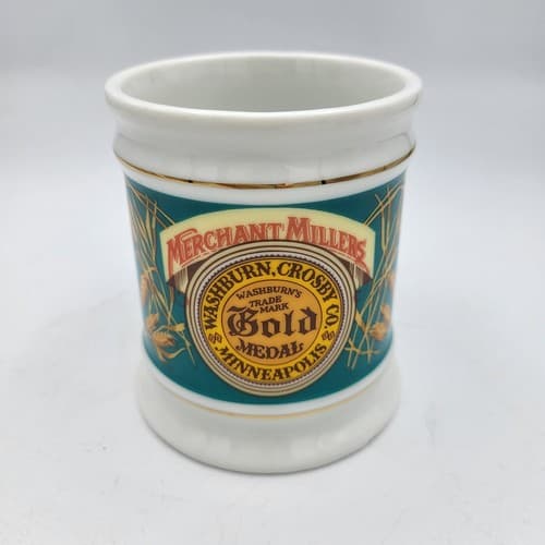 Gold Metal Flour Mug Advertising Porcelain The Corner Store Japan VTG 1982 - Thumbnail 3