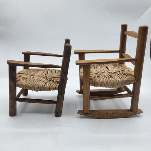Handmade Wooden Rattan Rocking & Chair Brown Dollhouse Furniture Cottagecore - Thumbnail 5