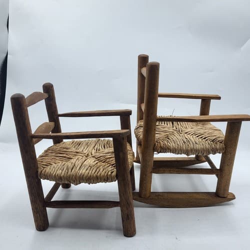 Handmade Wooden Rattan Rocking & Chair Brown Dollhouse Furniture Cottagecore - Thumbnail 3