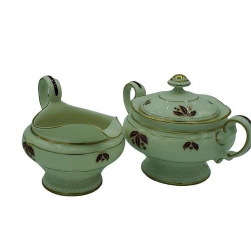 Castleton China Jubelee Sugar Bowl Creamer Set Ivory Burgandy Gold Trim USA - Thumbnail 9