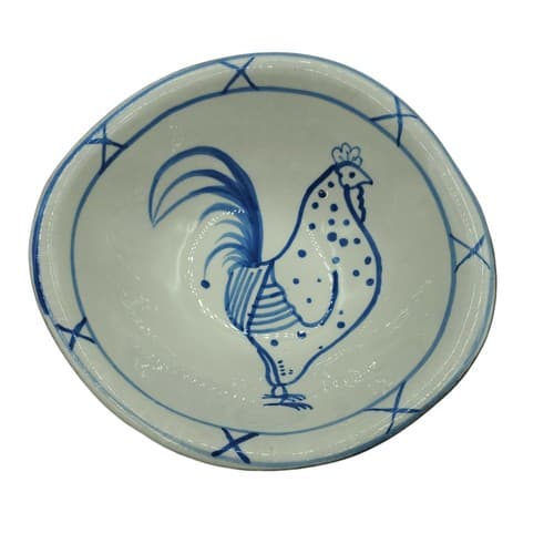 Terracotta Rooster Bowl Blue White Small 5in Two Tone MCM Handmade Handpainted - Thumbnail 3