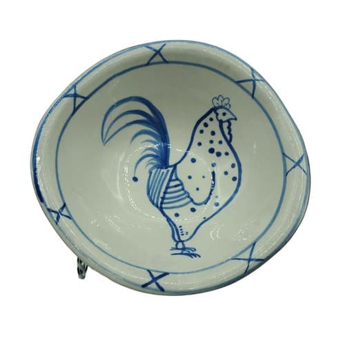 Terracotta Rooster Bowl Blue White Small 5in Two Tone MCM Handmade Handpainted - Thumbnail 6
