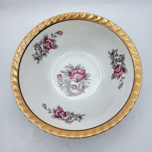 Vintage Japanese Peach Lusterware Bowl 9" Hand Painted Pink Gray Flowers Serving - Thumbnail 2