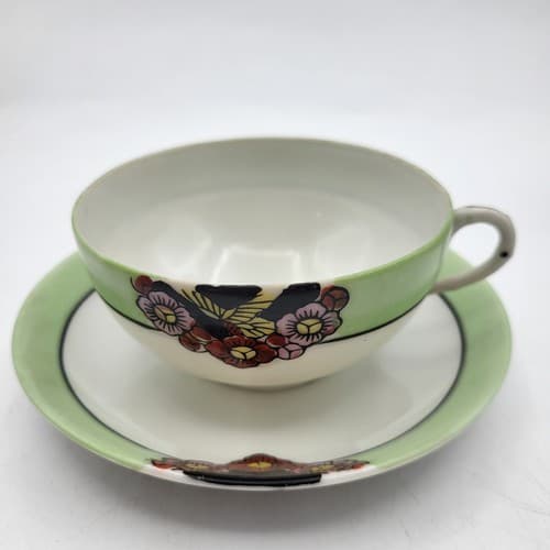 Japanese Porcelain Tea Cup & Saucer Pair Green Border Floral Bouquet Translucent - Thumbnail 2