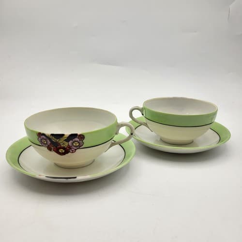 Japanese Porcelain Tea Cup & Saucer Pair Green Border Floral Bouquet Translucent - Thumbnail 4