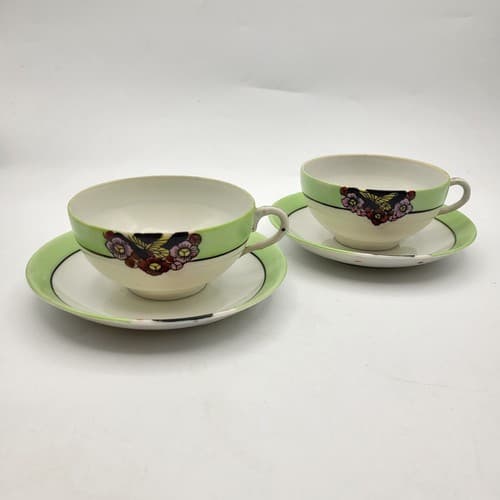 Japanese Porcelain Tea Cup & Saucer Pair Green Border Floral Bouquet Translucent - Thumbnail 3