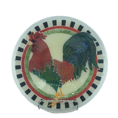 Peggy Karr Signed Round Red Rooster Fused Art Glass Bowl Cottagecore Black Edge - Thumbnail 7
