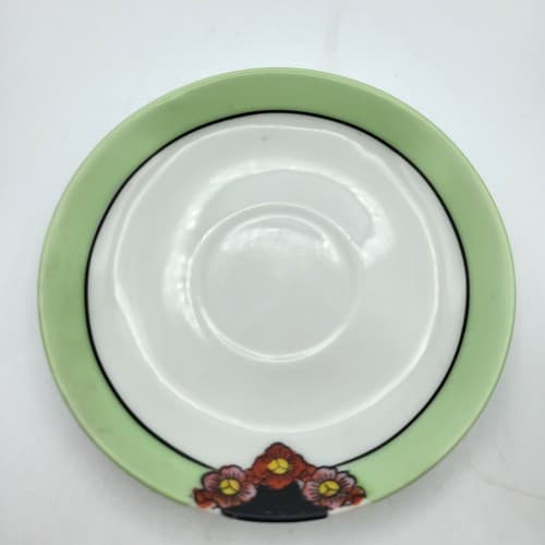 Japanese Porcelain Tea Cup & Saucer Pair Green Border Floral Bouquet Translucent - Thumbnail 9