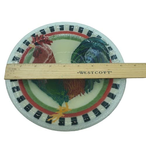 Peggy Karr Signed Round Red Rooster Fused Art Glass Bowl Cottagecore Black Edge - Thumbnail 8