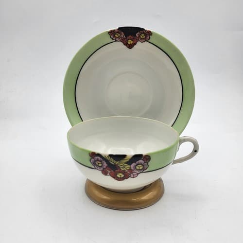 Japanese Porcelain Tea Cup & Saucer Pair Green Border Floral Bouquet Translucent - Thumbnail 5