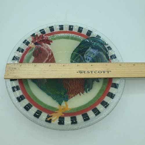 Peggy Karr Signed Round Red Rooster Fused Art Glass Bowl Cottagecore Black Edge - Thumbnail 11