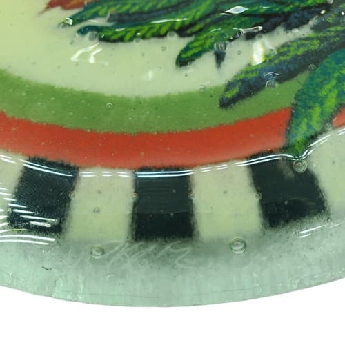 Peggy Karr Signed Round Red Rooster Fused Art Glass Bowl Cottagecore Black Edge - Thumbnail 4