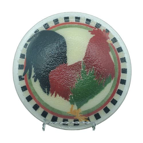 Peggy Karr Signed Round Red Rooster Fused Art Glass Bowl Cottagecore Black Edge - Thumbnail 5