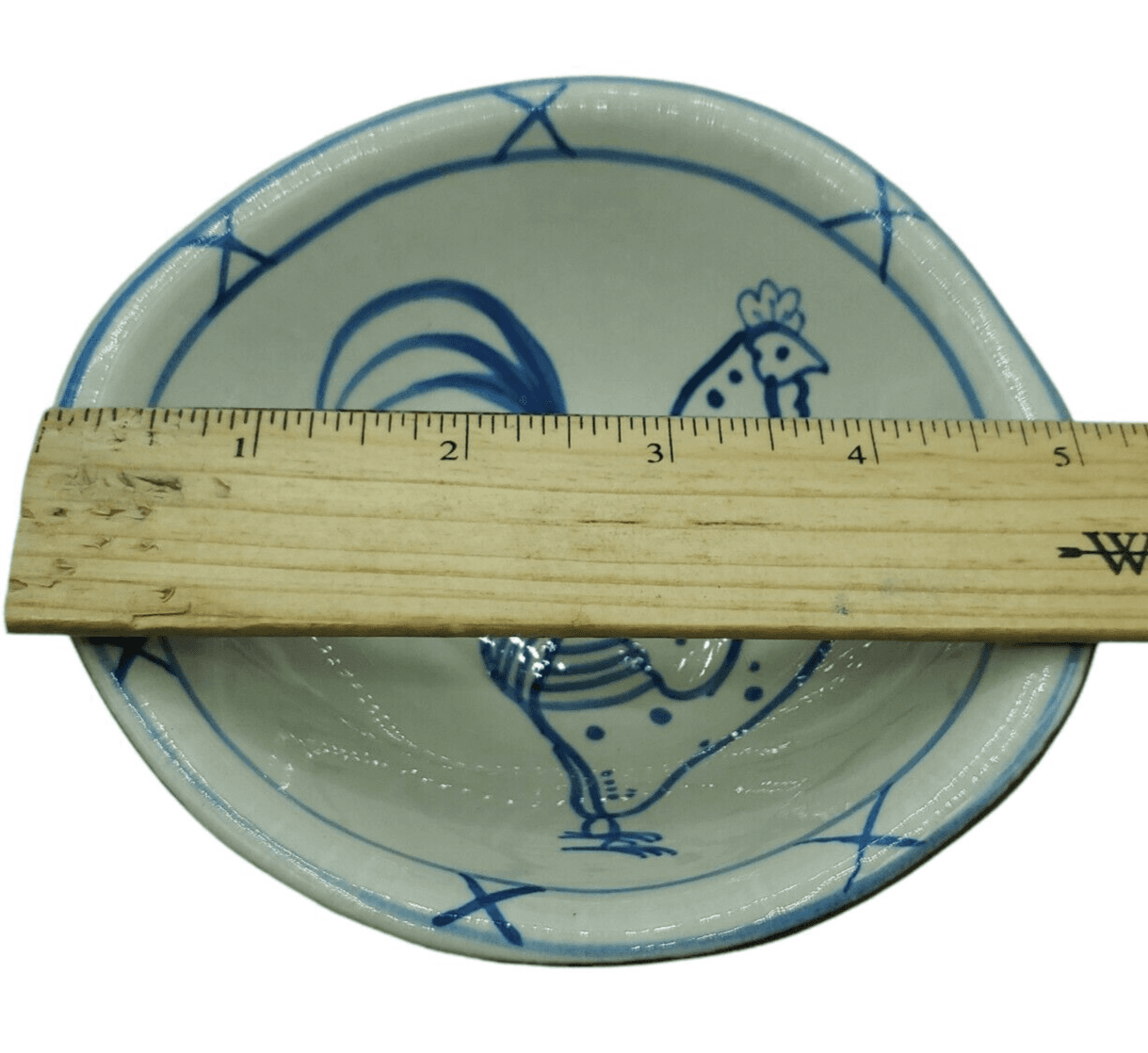 Terracotta Rooster Bowl Blue White Small 5in Two Tone MCM Handmade Handpainted - Thumbnail 4