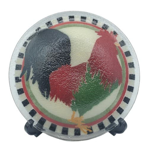 Peggy Karr Signed Round Red Rooster Fused Art Glass Bowl Cottagecore Black Edge - Thumbnail 9