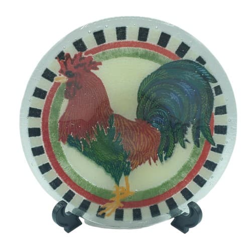 Peggy Karr Signed Round Red Rooster Fused Art Glass Bowl Cottagecore Black Edge - Thumbnail 3