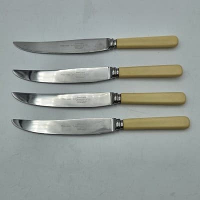 VTG Shefield Celluloid Cream Handle Steak Knives Stainless Steel English Made - Thumbnail 6
