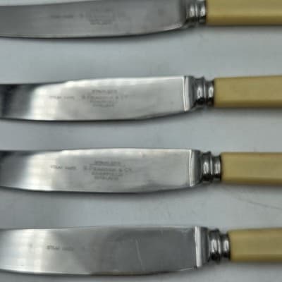 VTG Shefield Celluloid Cream Handle Steak Knives Stainless Steel English Made - Thumbnail 5
