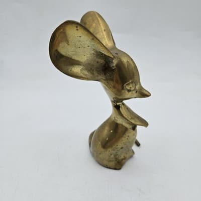 Vintage Solid Brass Mouse Big Ears & Long Tail Patina Paperweight 5.5" - Thumbnail 2