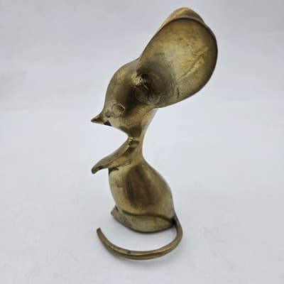 Vintage Solid Brass Mouse Big Ears & Long Tail Patina Paperweight 5.5" - Thumbnail 4