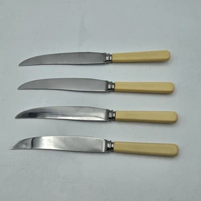VTG Shefield Celluloid Cream Handle Steak Knives Stainless Steel English Made - Thumbnail 4