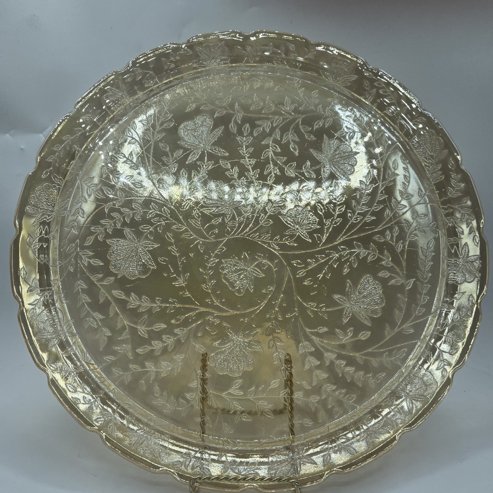 VTG Jeanette Glass Serving Platter Round Floragold Louisa Iridescent 13 1/2" - Thumbnail 3