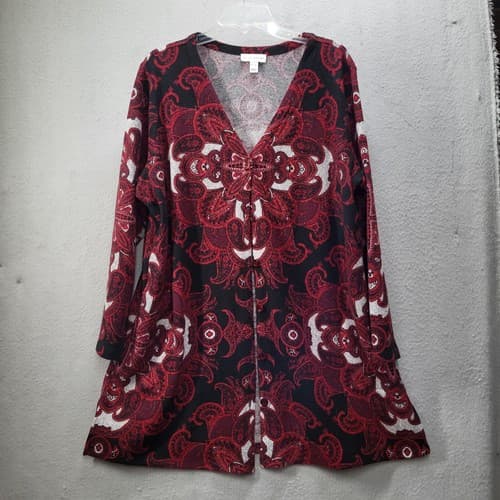 Susan Graver Womens Sweater XL Dark Red Paisley Tunic Cardigan Matched Pattern - Thumbnail 12