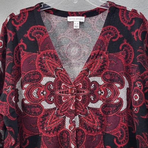 Susan Graver Womens Sweater XL Dark Red Paisley Tunic Cardigan Matched Pattern - Thumbnail 2