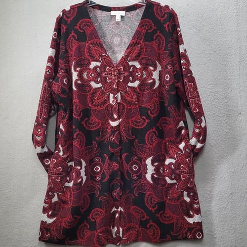 Susan Graver Womens Sweater XL Dark Red Paisley Tunic Cardigan Matched Pattern - Thumbnail 4