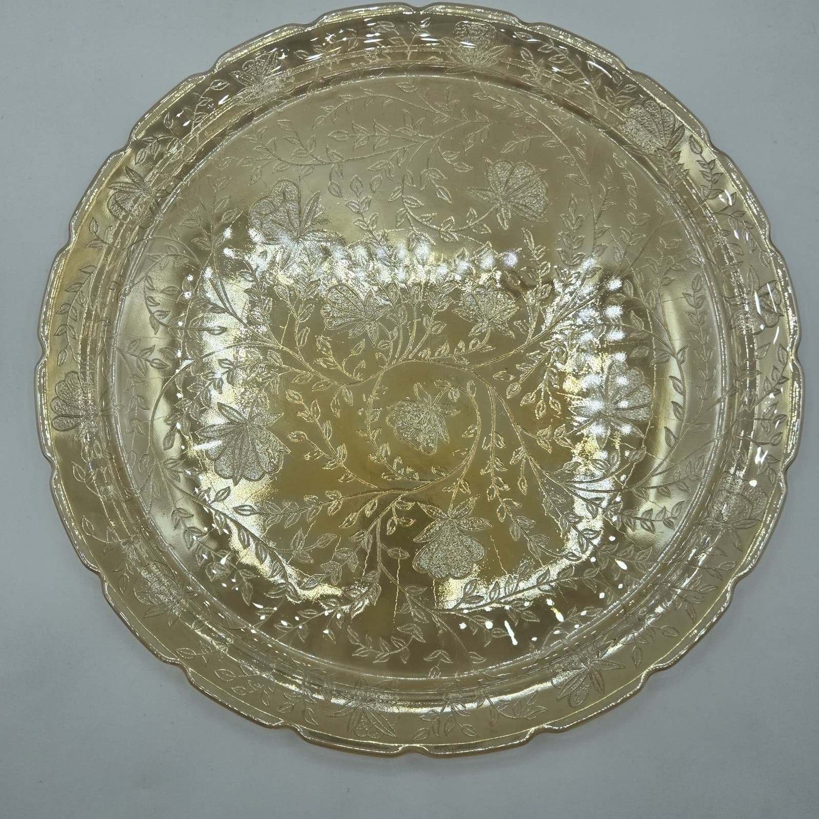VTG Jeanette Glass Serving Platter Round Floragold Louisa Iridescent 13 1/2" - Thumbnail 2