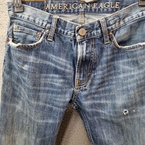 American Eagle Mens Jeans Blue 30x34 Medium Wash Distressed Straight Whiskering - Thumbnail 3