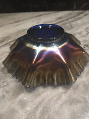 Antique Fenton Carnival Glass Bowl Blue Persian Medallion 3in1 Ribbon Edge EUC - Thumbnail 4