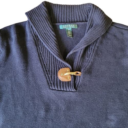 Lauren RL Womens Sweater Black 2X Cotton Shawl Collar Pullover Brass Hook - Thumbnail 4