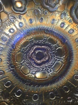 Antique Fenton Carnival Glass Bowl Blue Persian Medallion 3in1 Ribbon Edge EUC - Thumbnail 7