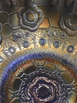 Antique Fenton Carnival Glass Bowl Blue Persian Medallion 3in1 Ribbon Edge EUC - Thumbnail 9