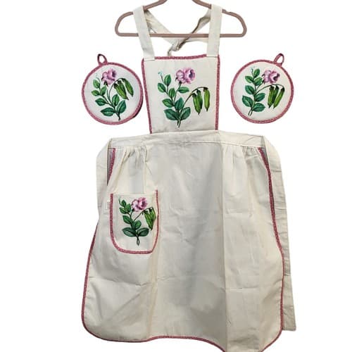 Dandomia Crafts Bib Apron Pot Holder Set White Pink Handpainted Phillipines - Thumbnail 15