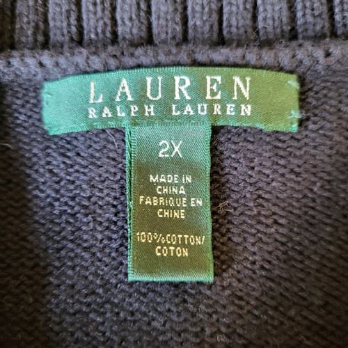 Lauren RL Womens Sweater Black 2X Cotton Shawl Collar Pullover Brass Hook - Thumbnail 2