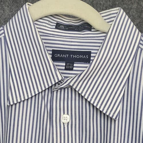 Grant Thomas Mens Shirt Dress Button Down Blue White Stripe 17 1/2 32-33 Cotton - Thumbnail 2