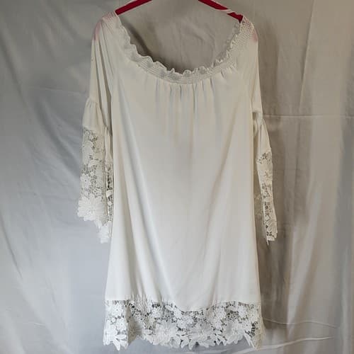 Joseph Ribkoff Dress White Petite S Polyester Lined Lace Applique Bell Sleeves - Thumbnail 8