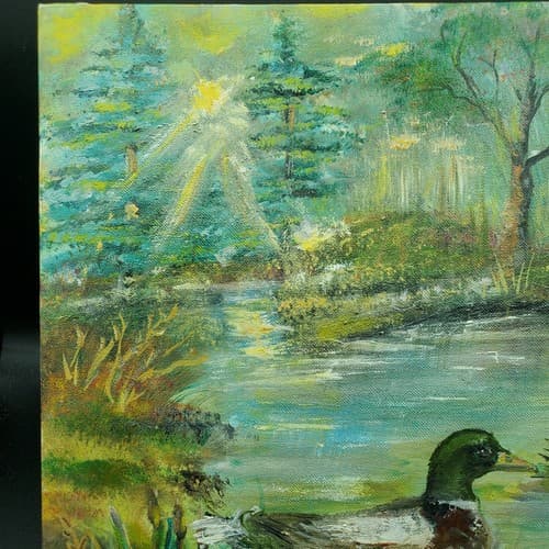 Mallards Oil Painting Orginal Landscape Blues Greens Signed Unframed 13.5" x 11" - Thumbnail 3